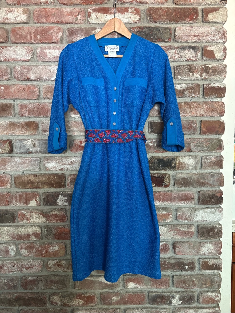 Leslie Fay Royal Blue Midi Dress with Patterned Belt
